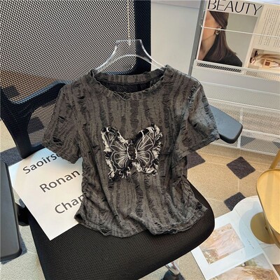 Ameerika stiilis liblikas aplikatsiooniga rebitud lühikeste varrukatega T-särk naiste suvine magus vürtsikas kitsas liibuv kihtsärk, kärbitud ülaosa