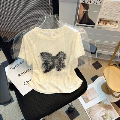 Ameerika stiilis liblikas aplikatsiooniga rebitud lühikeste varrukatega T-särk naiste suvine magus vürtsikas kitsas liibuv kihtsärk, kärbitud ülaosa