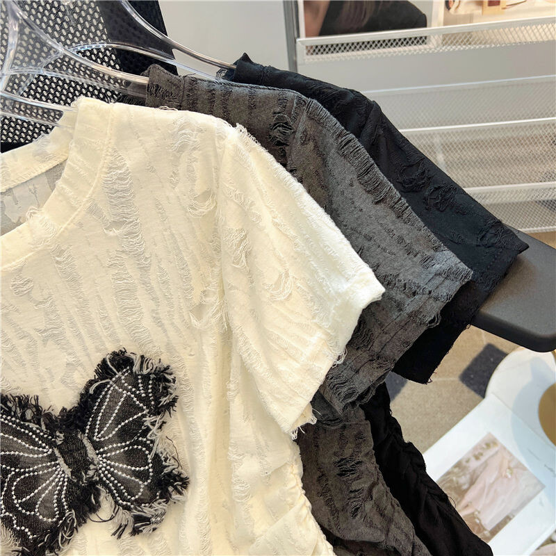 Ameerika stiilis liblikas aplikatsiooniga rebitud lühikeste varrukatega T-särk naiste suvine magus vürtsikas kitsas liibuv kihtsärk, kärbitud ülaosa