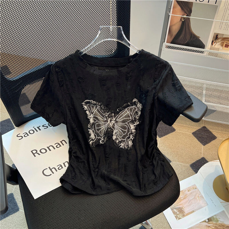 Ameerika stiilis liblikas aplikatsiooniga rebitud lühikeste varrukatega T-särk naiste suvine magus vürtsikas kitsas liibuv kihtsärk, kärbitud ülaosa