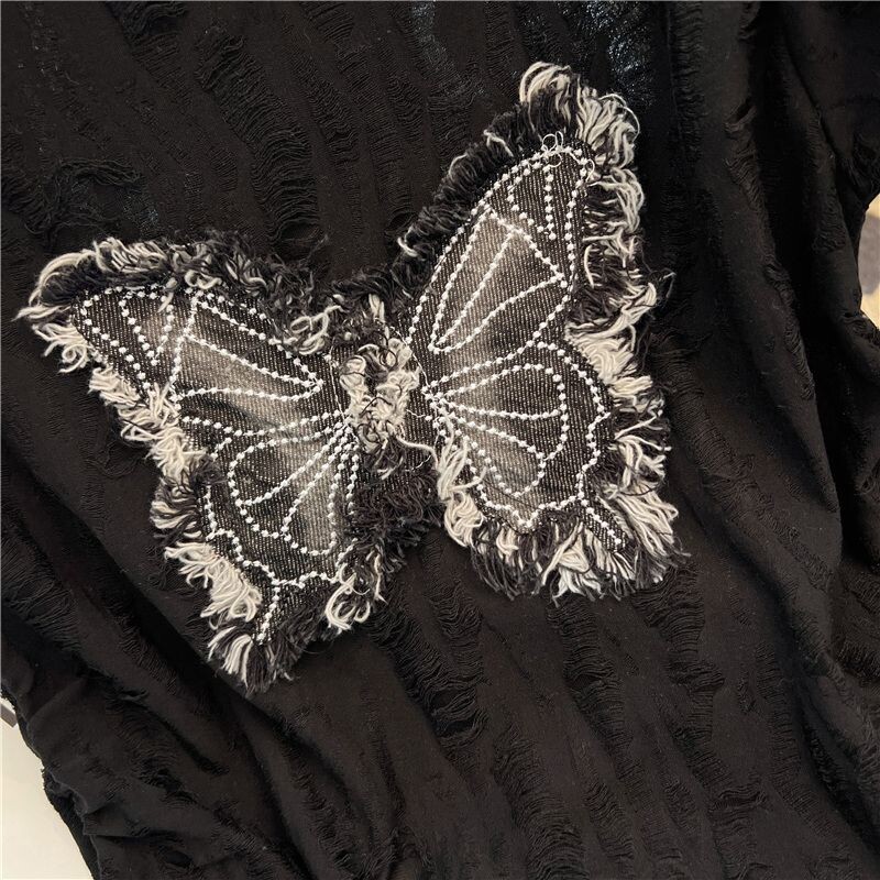 Ameerika stiilis liblikas aplikatsiooniga rebitud lühikeste varrukatega T-särk naiste suvine magus vürtsikas kitsas liibuv kihtsärk, kärbitud ülaosa