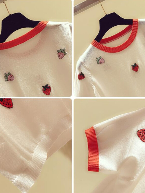 Zemeņu ledus zīda trikotāžas sieviešu T-krekls 2024. gada vasara, jauns augstas kvalitātes plāns, izšūts ikdienas saldais tops