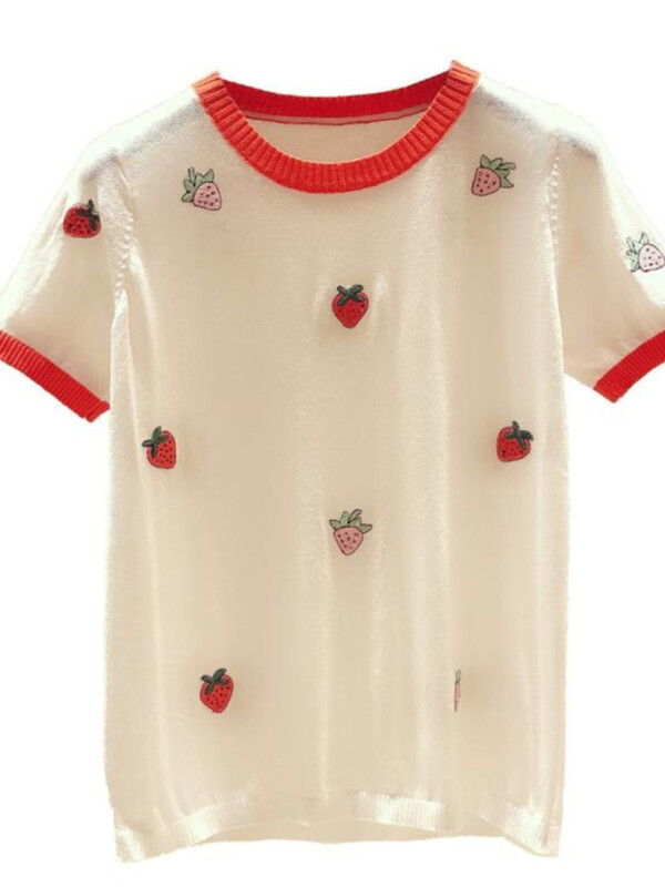 Zemeņu ledus zīda trikotāžas sieviešu T-krekls 2024. gada vasara, jauns augstas kvalitātes plāns, izšūts ikdienas saldais tops