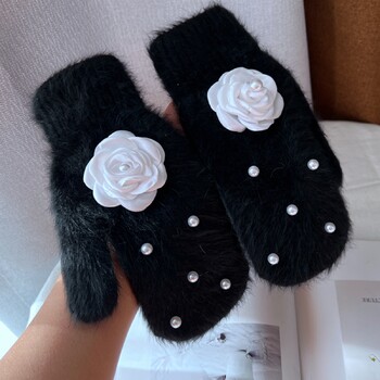 Зимни ръкавици за жени Brand Flowe Rabbit Hair Full Finger Gloves Двуслойни меки топли плетени ръкавици Winter Mittens guantes