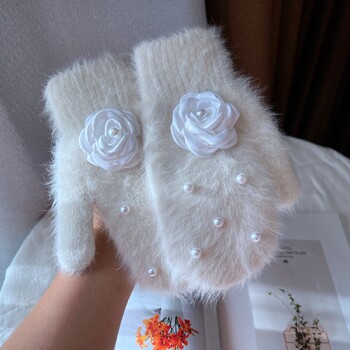 Зимни ръкавици за жени Brand Flowe Rabbit Hair Full Finger Gloves Двуслойни меки топли плетени ръкавици Winter Mittens guantes