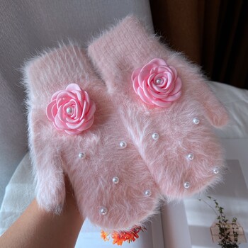 Зимни ръкавици за жени Brand Flowe Rabbit Hair Full Finger Gloves Двуслойни меки топли плетени ръкавици Winter Mittens guantes