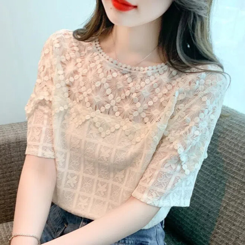 Temperaments Fashion Summer Sieviešu O-veida kakla vienkrāsains mežģīnes, dobs, savārstījums vienkāršība biroja sieviešu T-krekli ar īsām piedurknēm