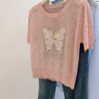 Novo ljeto 2024. sa šljokicama, jak leptir dizajn, moderan pleteni top kratkih rukava, moderan, temperamentan, svestran