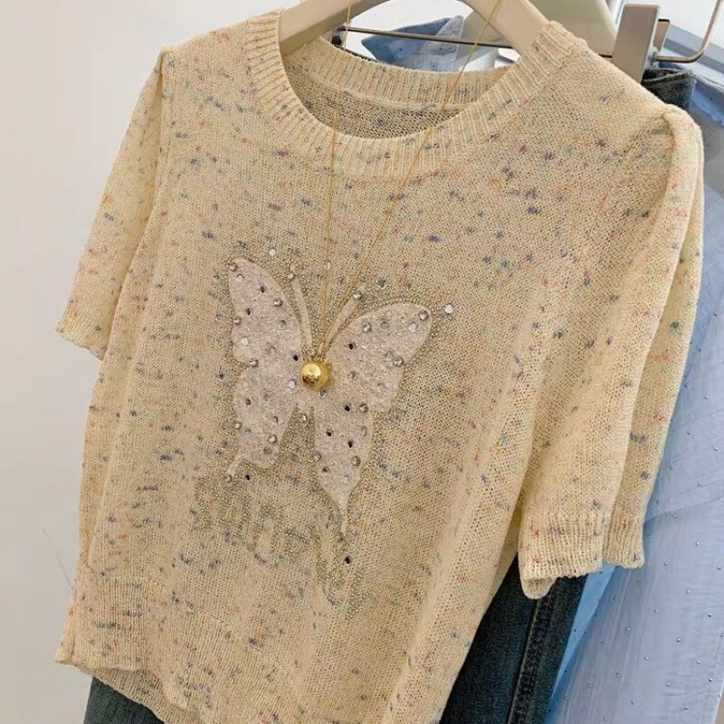 Novo ljeto 2024. sa šljokicama, jak leptir dizajn, moderan pleteni top kratkih rukava, moderan, temperamentan, svestran