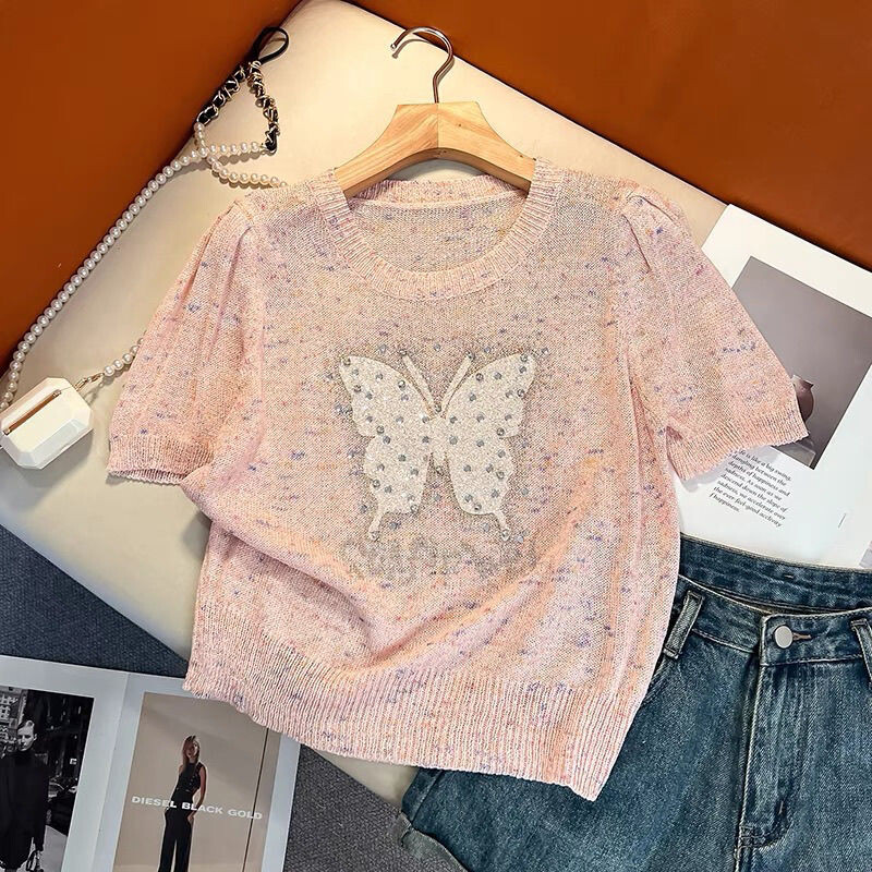 Novo ljeto 2024. sa šljokicama, jak leptir dizajn, moderan pleteni top kratkih rukava, moderan, temperamentan, svestran