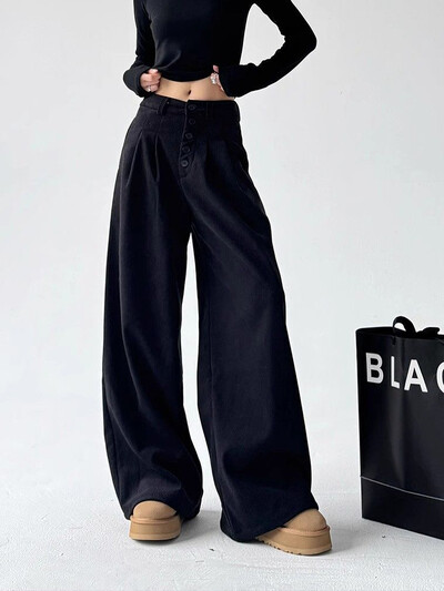 Zoki široke vintage hlače od samta Ženske Y2K dugmad Ležerne ulične hlače Harajuku retro američke ženske crne široke hlače