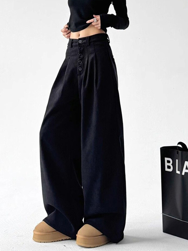 Zoki široke vintage hlače od samta Ženske Y2K dugmad Ležerne ulične hlače Harajuku retro američke ženske crne široke hlače