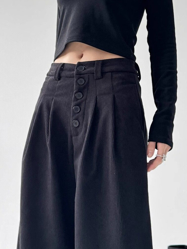 Zoki široke vintage hlače od samta Ženske Y2K dugmad Ležerne ulične hlače Harajuku retro američke ženske crne široke hlače