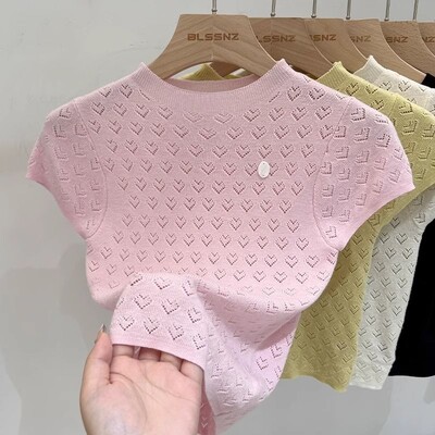 Леден копринен тънък летящ ръкав, розов плетен пуловер, дамски лято 2024, нов дизайн, усещане за изрязване, тънко изрязване