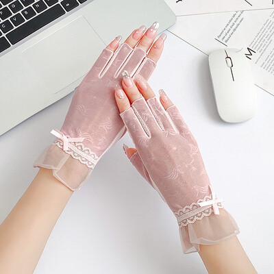 Дамски летни ледени копринени секси дантелени тънки слънцезащитни ръкавици с половин пръст Висока еластичност Нехлъзгаща се дишаща мрежа Drive Cycling Soft