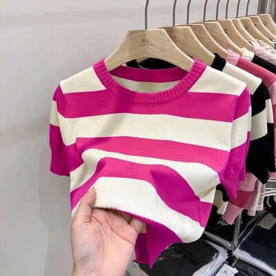 Noua modă de vară, simplu, versatil, tricou cu mânecă scurtă, cu dungi, pentru femei, bloc de culoare, cu gât rotund, patchwork, tricot liber francez