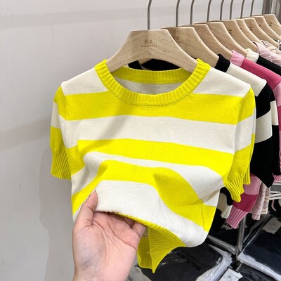 Ljetna nova modna jednostavna svestrana majica kratkih rukava na pruge, ženska ženska majica kratkih rukava s okruglim izrezom u boji, patchwork francuska široka pletena majica