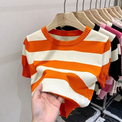 Ljetna nova modna jednostavna svestrana majica kratkih rukava na pruge, ženska ženska majica kratkih rukava s okruglim izrezom u boji, patchwork francuska široka pletena majica