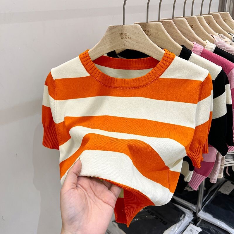 Ljetna nova modna jednostavna svestrana majica kratkih rukava na pruge, ženska ženska majica kratkih rukava s okruglim izrezom u boji, patchwork francuska široka pletena majica