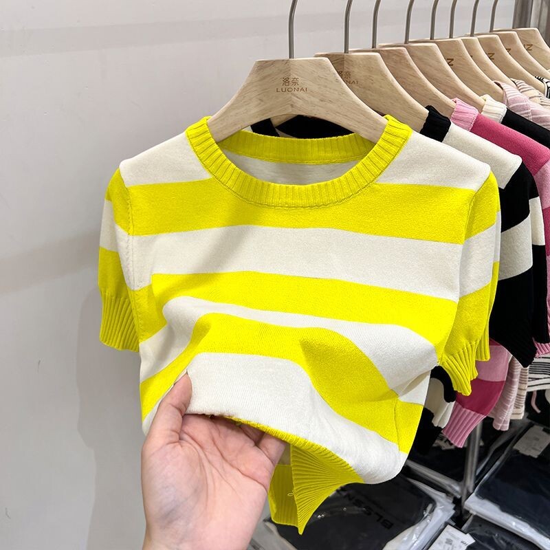 Ljetna nova modna jednostavna svestrana majica kratkih rukava na pruge, ženska ženska majica kratkih rukava s okruglim izrezom u boji, patchwork francuska široka pletena majica