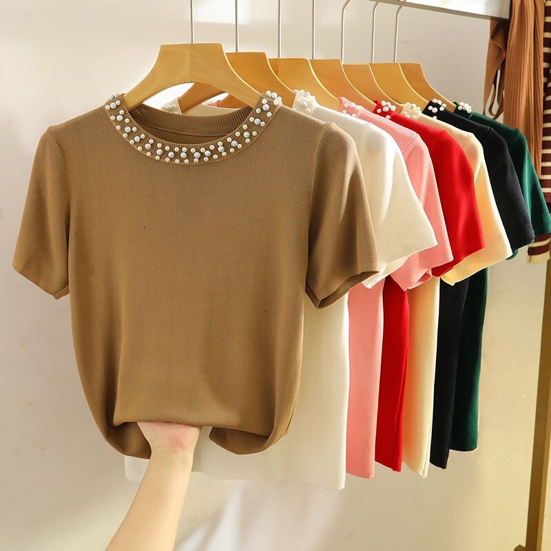 Vasaras jauni sieviešu apģērbi, ledus zīda trikotāžas T-krekls, izšūts O veida kakla izgriezums.