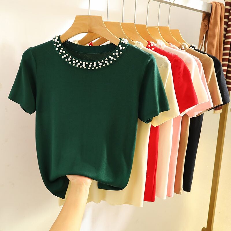 Vasaras jauni sieviešu apģērbi, ledus zīda trikotāžas T-krekls, izšūts O veida kakla izgriezums.