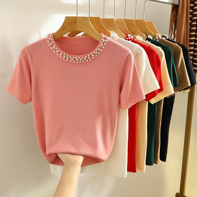 Vasaras jauni sieviešu apģērbi, ledus zīda trikotāžas T-krekls, izšūts O veida kakla izgriezums.