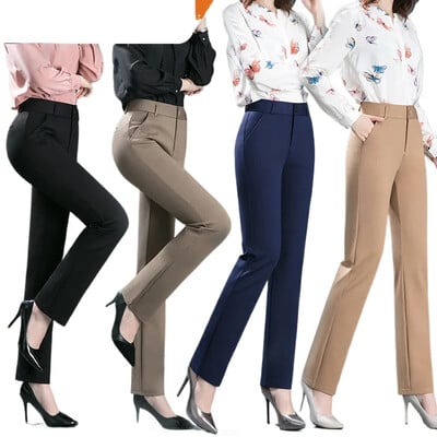 2025, primăvară și toamnă, kaki, pantaloni largi, drepti, talie înaltă, pentru femei, pantaloni casual elastici pentru mamă de vârstă mijlocie bleumarin, mărime mare M-8XL