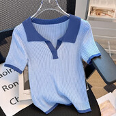 Vasaras jaunums, vienkāršība, savārstījums Adīšana, nolaižama apkakle ar īsām piedurknēm, sieviešu T-krekls, džemperis, tievs sieviešu apģērba topi