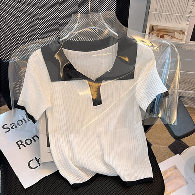 Vasaras jaunums, vienkāršība, savārstījums Adīšana, nolaižama apkakle ar īsām piedurknēm, sieviešu T-krekls, džemperis, tievs sieviešu apģērba topi