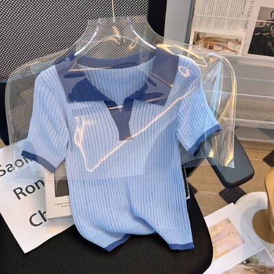 Vasaras jaunums, vienkāršība, savārstījums Adīšana, nolaižama apkakle ar īsām piedurknēm, sieviešu T-krekls, džemperis, tievs sieviešu apģērba topi