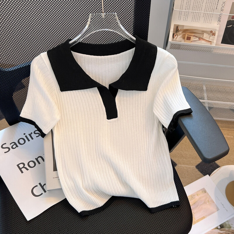 Vasaras jaunums, vienkāršība, savārstījums Adīšana, nolaižama apkakle ar īsām piedurknēm, sieviešu T-krekls, džemperis, tievs sieviešu apģērba topi