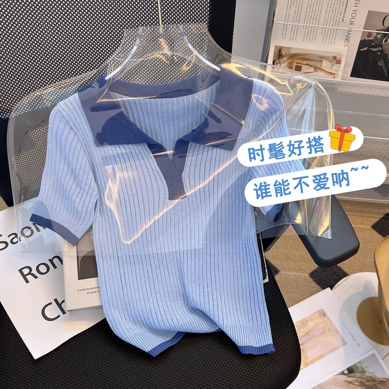 Vasaras jaunums, vienkāršība, savārstījums Adīšana, nolaižama apkakle ar īsām piedurknēm, sieviešu T-krekls, džemperis, tievs sieviešu apģērba topi