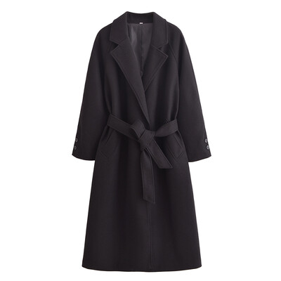 Taop&Za2024 ziemas jauns sieviešu apģērba stils vienkāršs un pieguļošs ikdienas apģērbs ar jostu garu vilnas mēteļa jaku