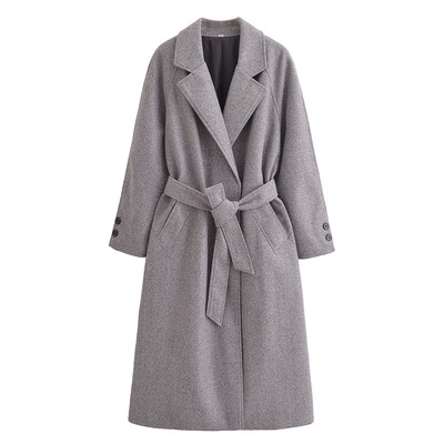Taop&Za2024 ziemas jauns sieviešu apģērba stils vienkāršs un pieguļošs ikdienas apģērbs ar jostu garu vilnas mēteļa jaku