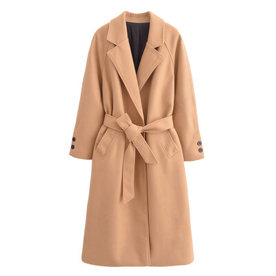 Taop&Za2024 ziemas jauns sieviešu apģērba stils vienkāršs un pieguļošs ikdienas apģērbs ar jostu garu vilnas mēteļa jaku