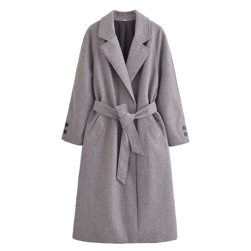 Taop&Za2024 ziemas jauns sieviešu apģērba stils vienkāršs un pieguļošs ikdienas apģērbs ar jostu garu vilnas mēteļa jaku