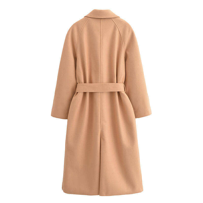 Taop&Za2024 ziemas jauns sieviešu apģērba stils vienkāršs un pieguļošs ikdienas apģērbs ar jostu garu vilnas mēteļa jaku