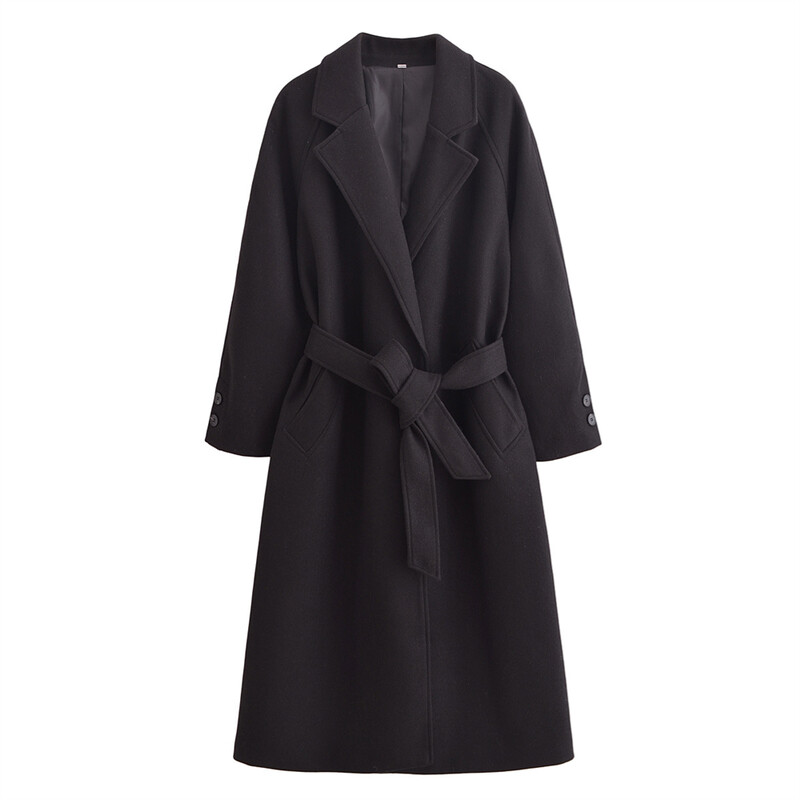 Taop&Za2024 ziemas jauns sieviešu apģērba stils vienkāršs un pieguļošs ikdienas apģērbs ar jostu garu vilnas mēteļa jaku