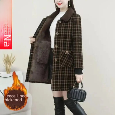 Stilīga vidēja garuma tvīda virsjaka sieviešu ar flīsu oderi, biezināts mātes apģērbs, rūtains jaka Rudens/ziemas jaunums