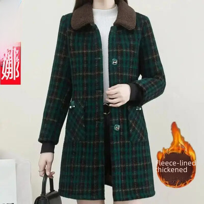 Stilīga vidēja garuma tvīda virsjaka sieviešu ar flīsu oderi, biezināts mātes apģērbs, rūtains jaka Rudens/ziemas jaunums