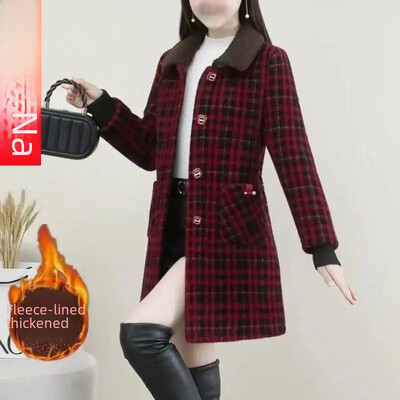 Stilīga vidēja garuma tvīda virsjaka sieviešu ar flīsu oderi, biezināts mātes apģērbs, rūtains jaka Rudens/ziemas jaunums