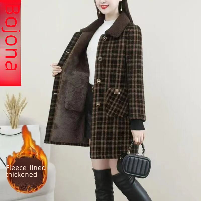 Stilīga vidēja garuma tvīda virsjaka sieviešu ar flīsu oderi, biezināts mātes apģērbs, rūtains jaka Rudens/ziemas jaunums