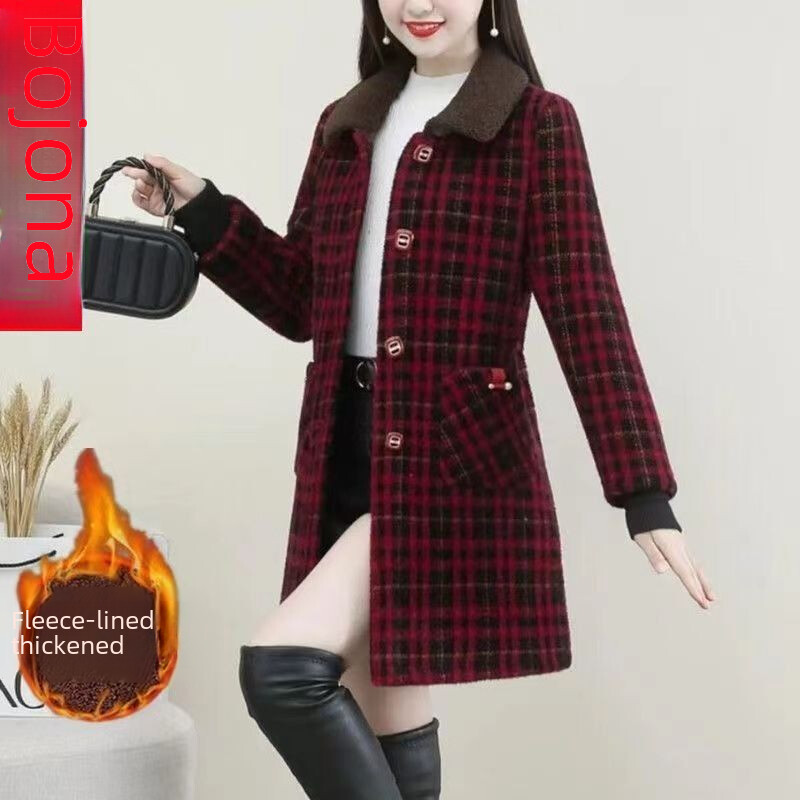 Stilīga vidēja garuma tvīda virsjaka sieviešu ar flīsu oderi, biezināts mātes apģērbs, rūtains jaka Rudens/ziemas jaunums