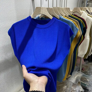 СВОБОДА О-образно деколте Ледена копринена плетена тениска Summer Thin Klein Blue Butwing Sleeve Top Дамски големи дамски ризи с къс ръкав