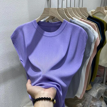 СВОБОДА О-образно деколте Ледена копринена плетена тениска Summer Thin Klein Blue Butwing Sleeve Top Дамски големи дамски ризи с къс ръкав