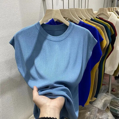 LOOSE O-Neck Ice Silk Trikotāžas T-krekls Summer Thin Klein Blue Batwing Piedurknēm Sieviešu lielizmēra krekli ar īsām piedurknēm