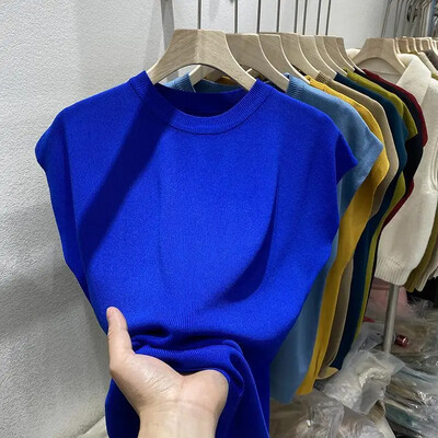 LOOSE O-Neck Ice Silk Trikotāžas T-krekls Summer Thin Klein Blue Batwing Piedurknēm Sieviešu lielizmēra krekli ar īsām piedurknēm