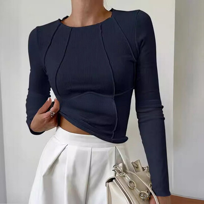 Augstas kvalitātes vienkrāsains T krekls Sieviešu apakšā elastīgs Pamata T-krekli Sieviešu ikdienas topi ar garām piedurknēm Sexy Slim T-krekls Y2k Tee Blusas