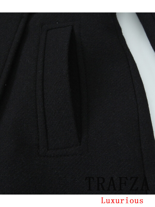 TRAFZA vintage šiks, melns, vienkrāsains sieviešu mētelis ar dubulto rindu, liela izmēra gara jaka, jaunā modes 2024. gada rudens ziemas biezi mēteļi